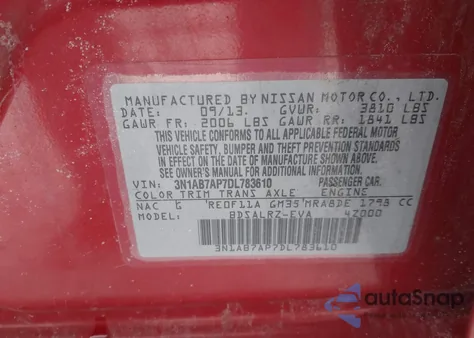 2013 Nissan Sentra Sr z USA, uszkodzony, nr VIN 3N1AB7AP7DL783610